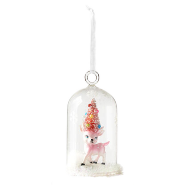 Bottlebrush Deer in Glass Dome Ornament- Pink
