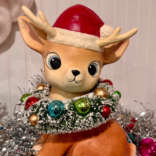Paper Mache 14" Christmas reindeer with bottlebrush wreath
