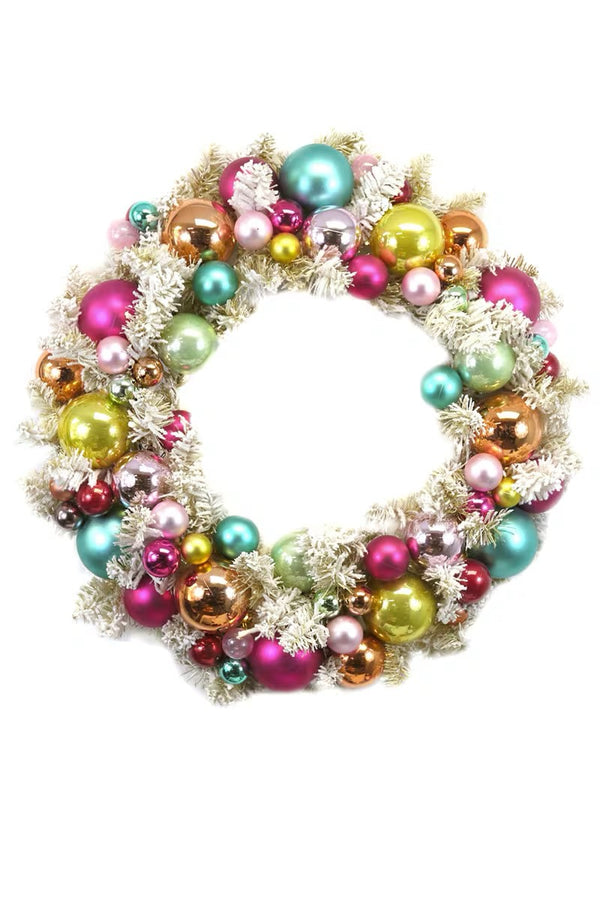 Gold Flocked Wreath with Colorful Baubles