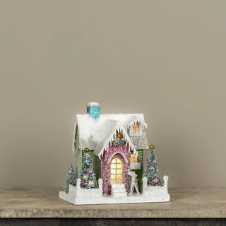 Lighted Retro Christmas House with Teal Chimney