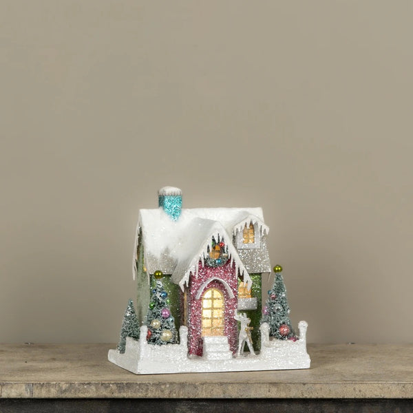 Lighted Retro Christmas House with Teal Chimney