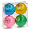 Four colorful Christmas ornaments in blue, gold, pink, and green in a clear box.