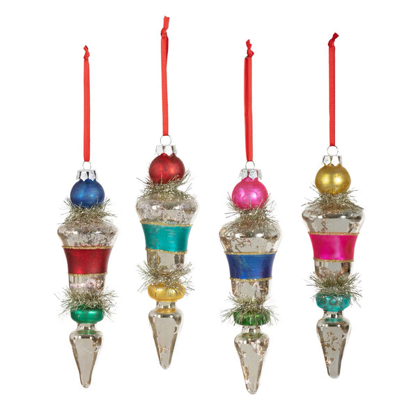 Retro Stripe and Tinsel Finial Ornament Set