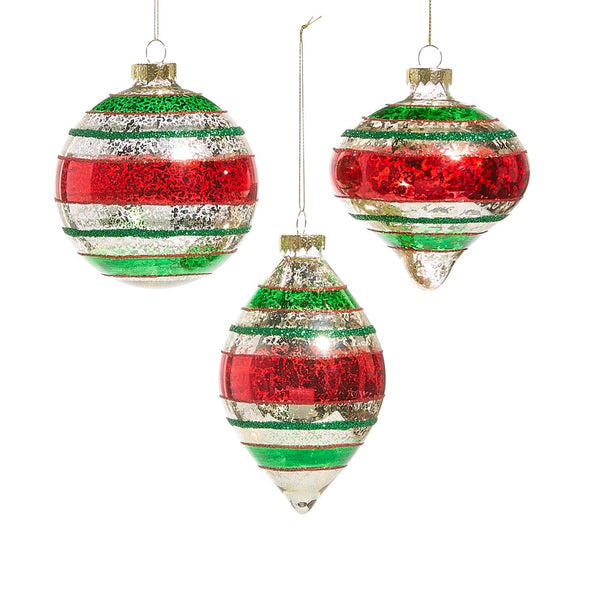 Striped Red & Green Christmas Ornament Set of Three