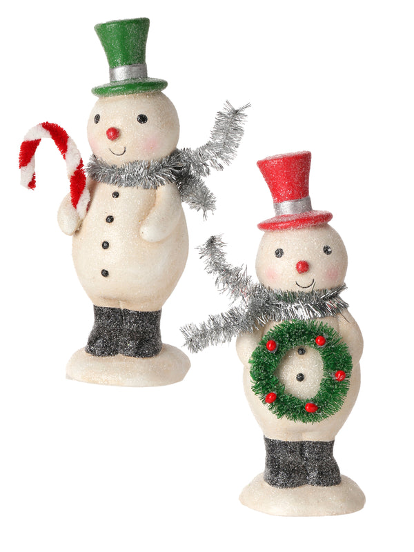 Set of Two Village Snowmen with Tinsel