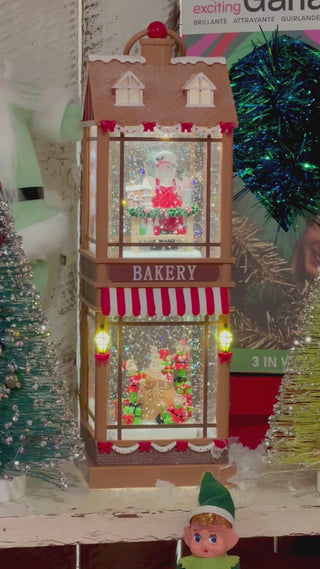 Santa And Elves Lighted Water Two Story Bakery