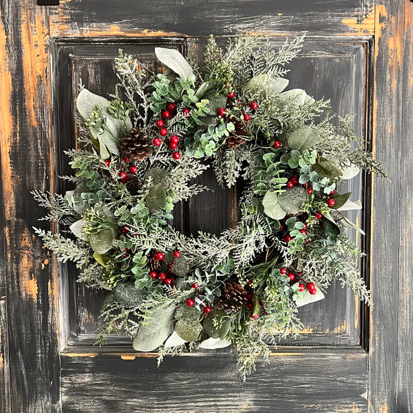 24" glitter mixed leaves and berries wreath