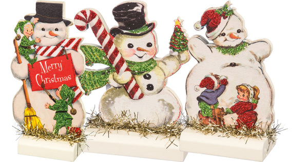 Retro Wooden Snowmen Stand Up Set